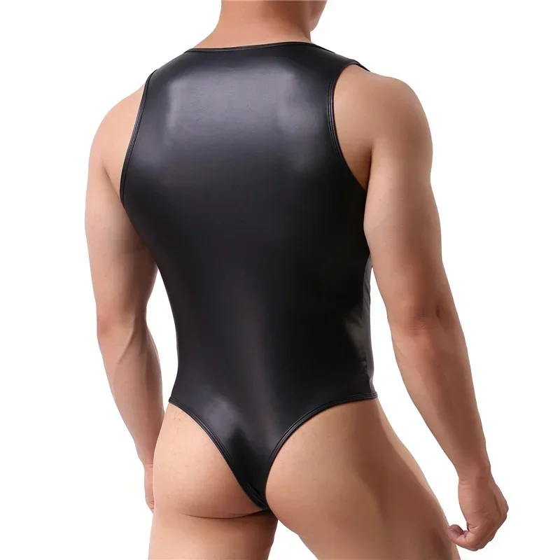 Mens Faux Leather Bodysuit Sexy One-piece Suspender Jumpsuits Leather Catsuit Gay Jockstrap Wrestling Singlet Leotard Underwear