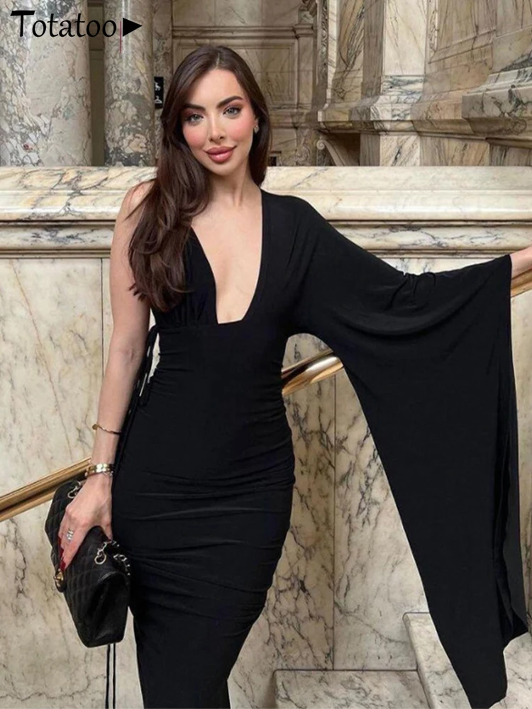 

Totatoop Deep V Neck Sexy Maxi Dress For Women 2023 Summer One Shoulder Fashion Draped Ruched Bodycon Dress Festival Black