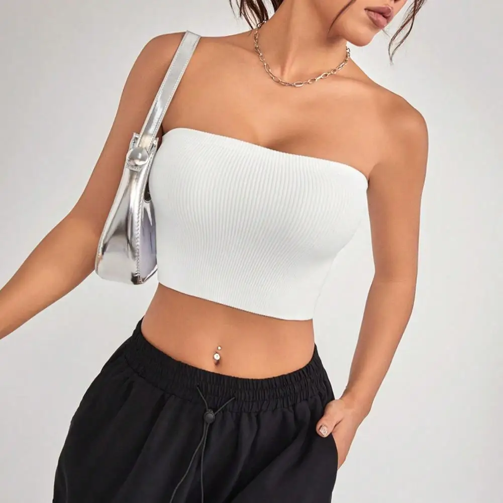 Women Ribbed Vest High Elasticity Anti-slip Bandeau Strapless Solid Color Dressy Tank Top Women Casual Strapless Tank Top