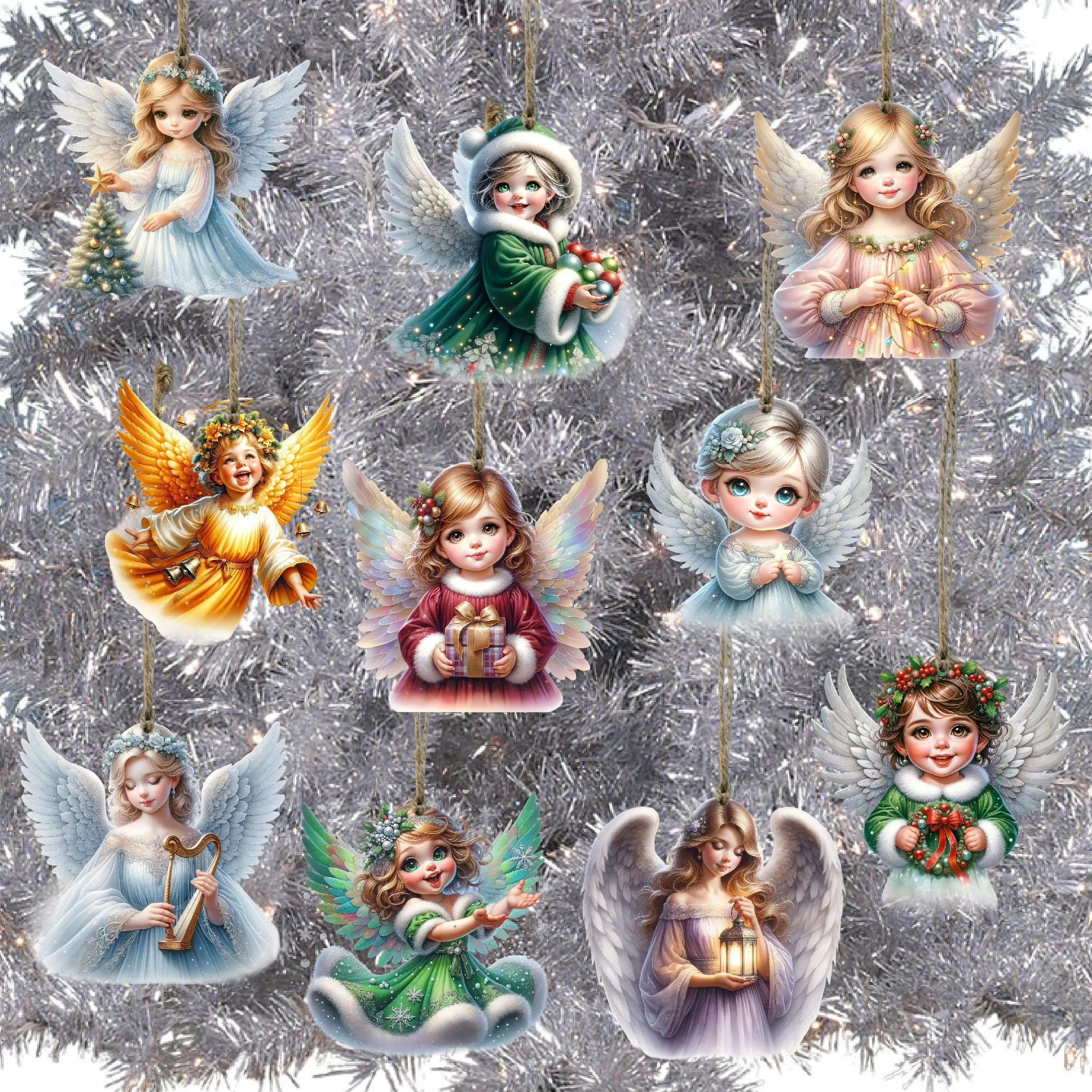 10PCS Handmade Wooden Christmas Angel Ornament Rope Holiday Tree Decoration Battery Free