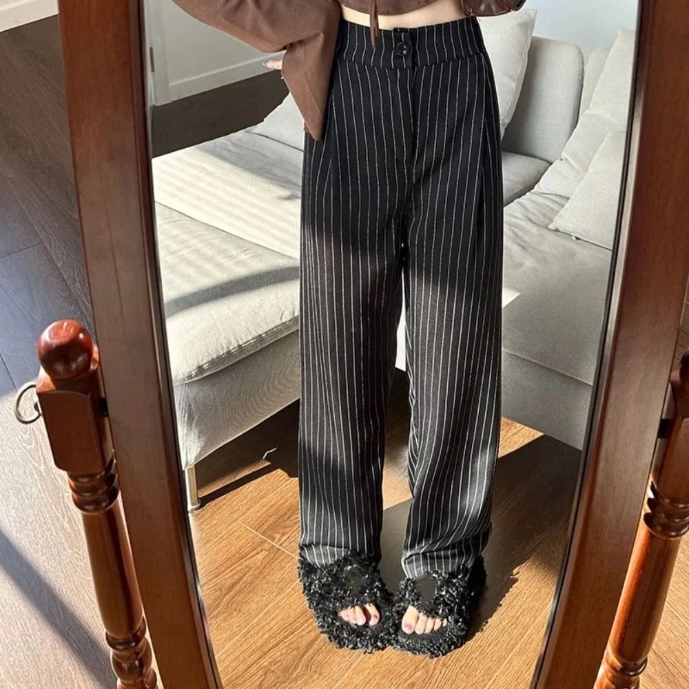 Retro Loose Stripe Straight Leg Pants Workout Trousers High Waist Wide Leg Pants Drape Feeling Autumn Casual Pants Women Female