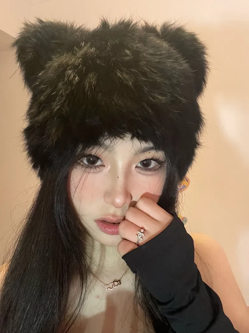 Black bear ears rabbit fur hat cute plush wrap head cap cold warm fur cap Y2k Girls Korean Hats Knitted Hat 4