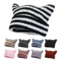 New Korean Style Handmade Crochet Acrylic Cat Ears Woman Winter Hat Striped Autumn Beanies Warm Soft Bonnet Skullies Cap Gift 1