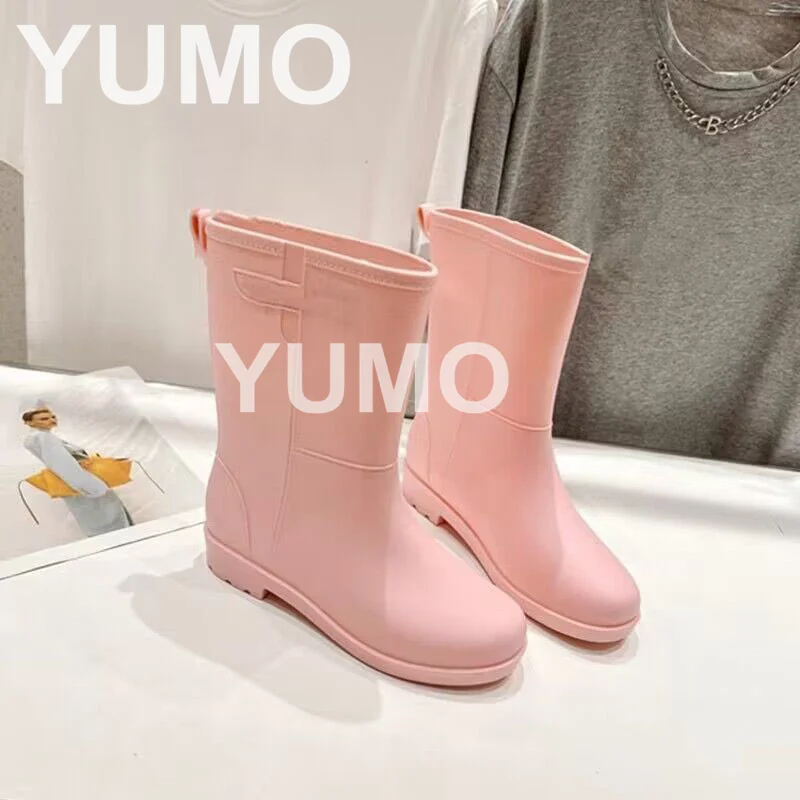 

2023 Women Round Toe Rain Boots Solid Color Round Toe Slip On Short Boots All Reason Runway Casual Boots Zapatillas Mujer