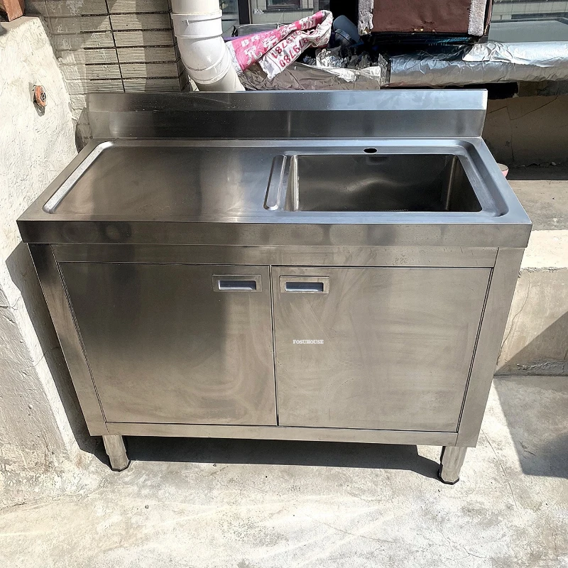 Stainless Steel Kitchen Sinks Cabinet Commercial Dishwashing Sink With Operating Table Floor Integrated Wash Basin Sink Cabinet