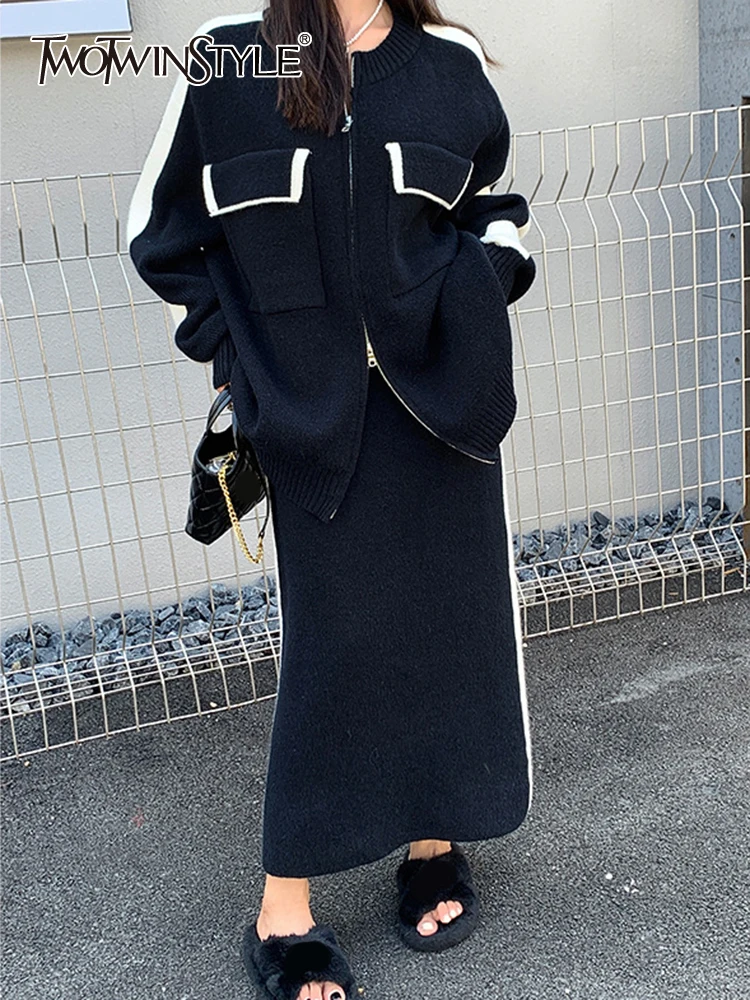 

TWOTWINSTYLE Colorblock Knitted Two Piece Set For Women Round Neck Long Sleeve Sweater High Wiast Skirt Casual Sets Female New