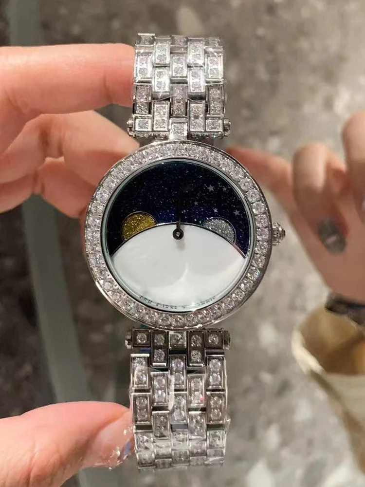 

Designer 316 steel diamond case full star Sun moon star function quartz watch 2024 women's new watch fashion luxury watch