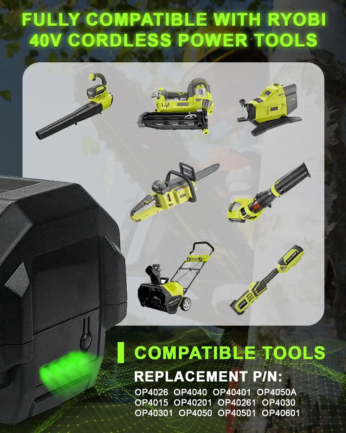 4026 6.0Ah Replacement for Ryobi 40V Battery and OP401 Charger, Compatible with Ryobi 40V Lithium Battery OP40401 OP40602