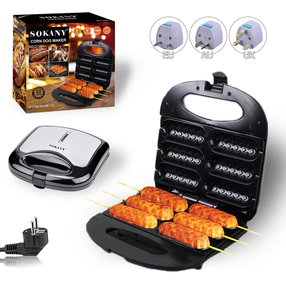 Electric Hot Dog Machine Waffle Maker 6 Corn Dogs Non-Stick Double-sided Heating Sausage Roll Maker Breakfast for Kid Party 220V 6
