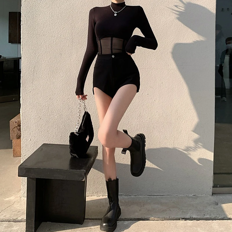 Black Top y2k Clothing Women Solid Color Skinny Turtleneck Long Sleeve Mesh Patchwork T Shirt Spring Autumn Clothes