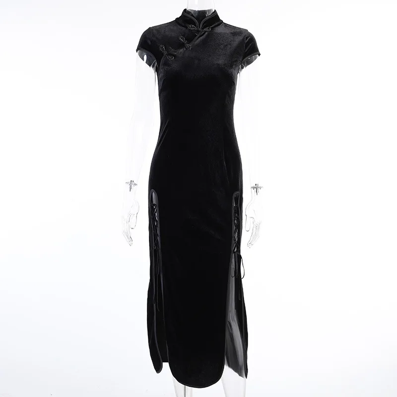 2022 New Vintage Cheongsam Street Style Black Gothic High Waist Bandage Midi Women Bodycon Short Sleeve Party Evening Club Dress