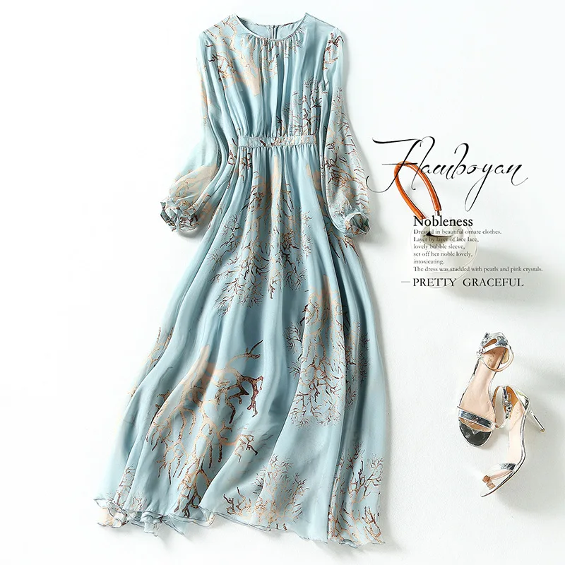 

100% Silk Dress Spring Dresses for Women 2022 New Korean Fashion Floral Dress Casual Shirt Sleeves Maxi Dress Vestidos Mujer Lq
