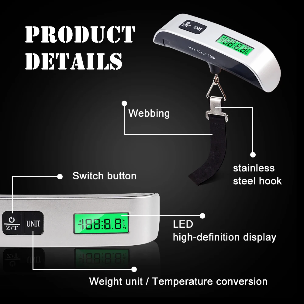 50Kg/110lb Draagbare Digitale Bagage Weegschaal Lcd-Display Zak Elektronische Koffer Reisweegschaal Bagage Gewicht Gereedschap