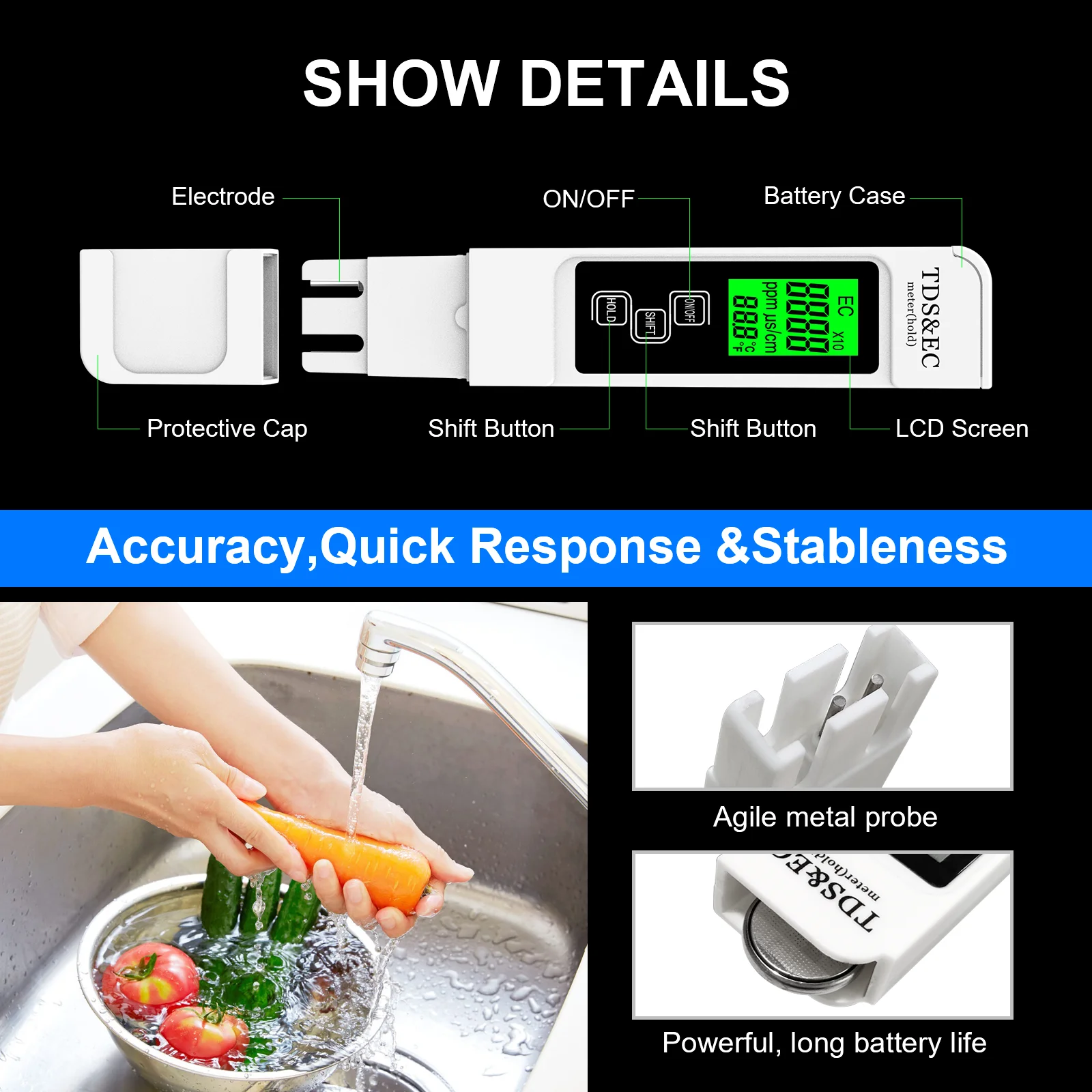 TDS Meter EC Meter Temperature Meter 4 in 1 0-9999ppm for Drinking Water Hydroponics Aquarium