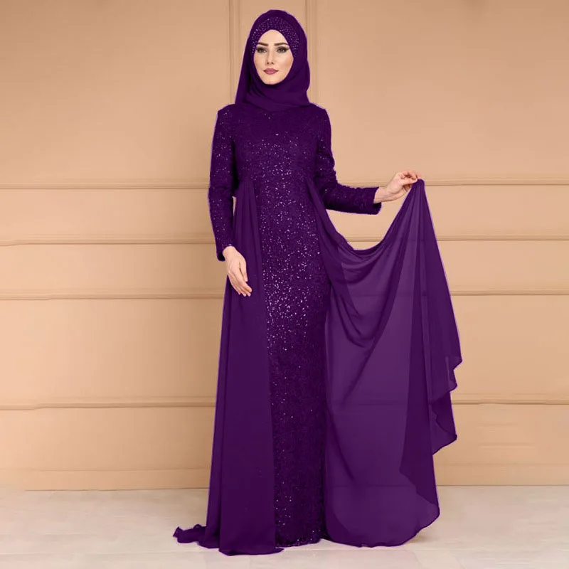 2022 New Sequins Large Size Dress Feminine Temperament Slim Long Sleeve Saudi Arabia Abayas For Women