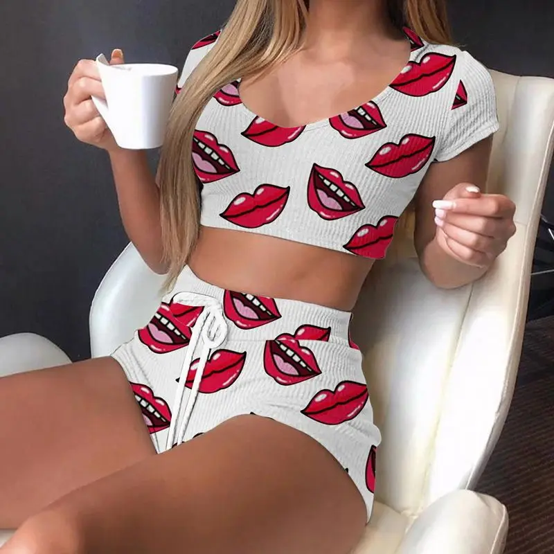 2pcs lip pajamas heart design sleepwear sweet nightgown