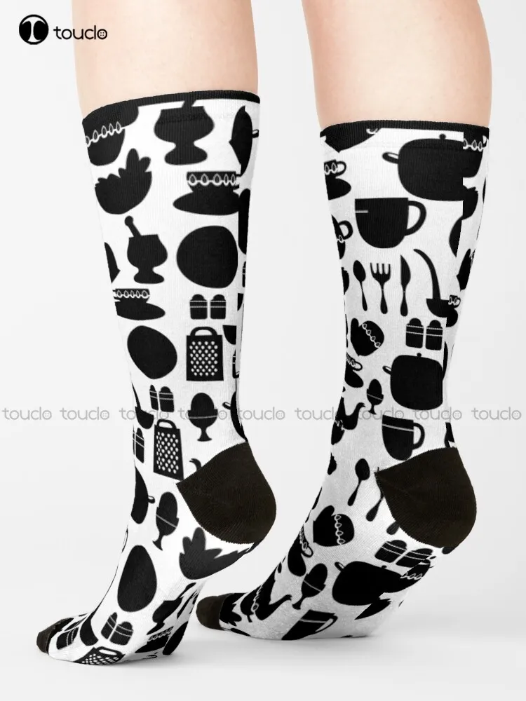 

Black And White Vintage Inspired Kitchen Equipment Socks Girls Crew Socks Cartoon Street Skateboard Socks 360° Digital Print