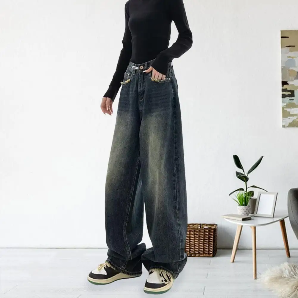 

Women Jeans Wide Leg Floor Length Loose Denim High Waist Solid Color Button Zipper Closure Vintage Hip Hop Streetwear Deep Crotc