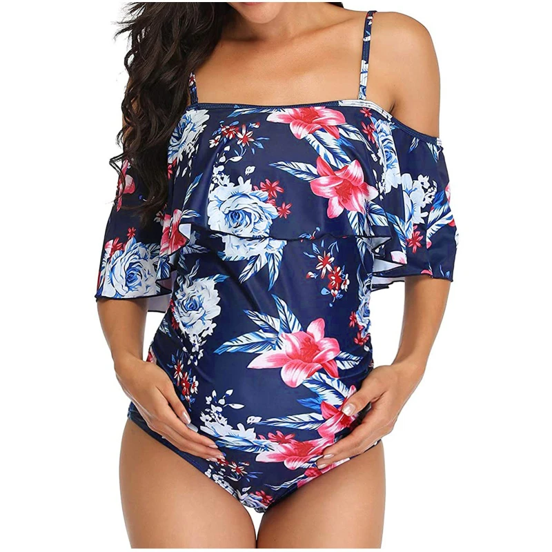 Womens Girls Maternity Tankinis Women Flower Print Bikinis Swimsuit Beachwear Pregnant One-Shoulder Ruffle Pregnant Swimwear