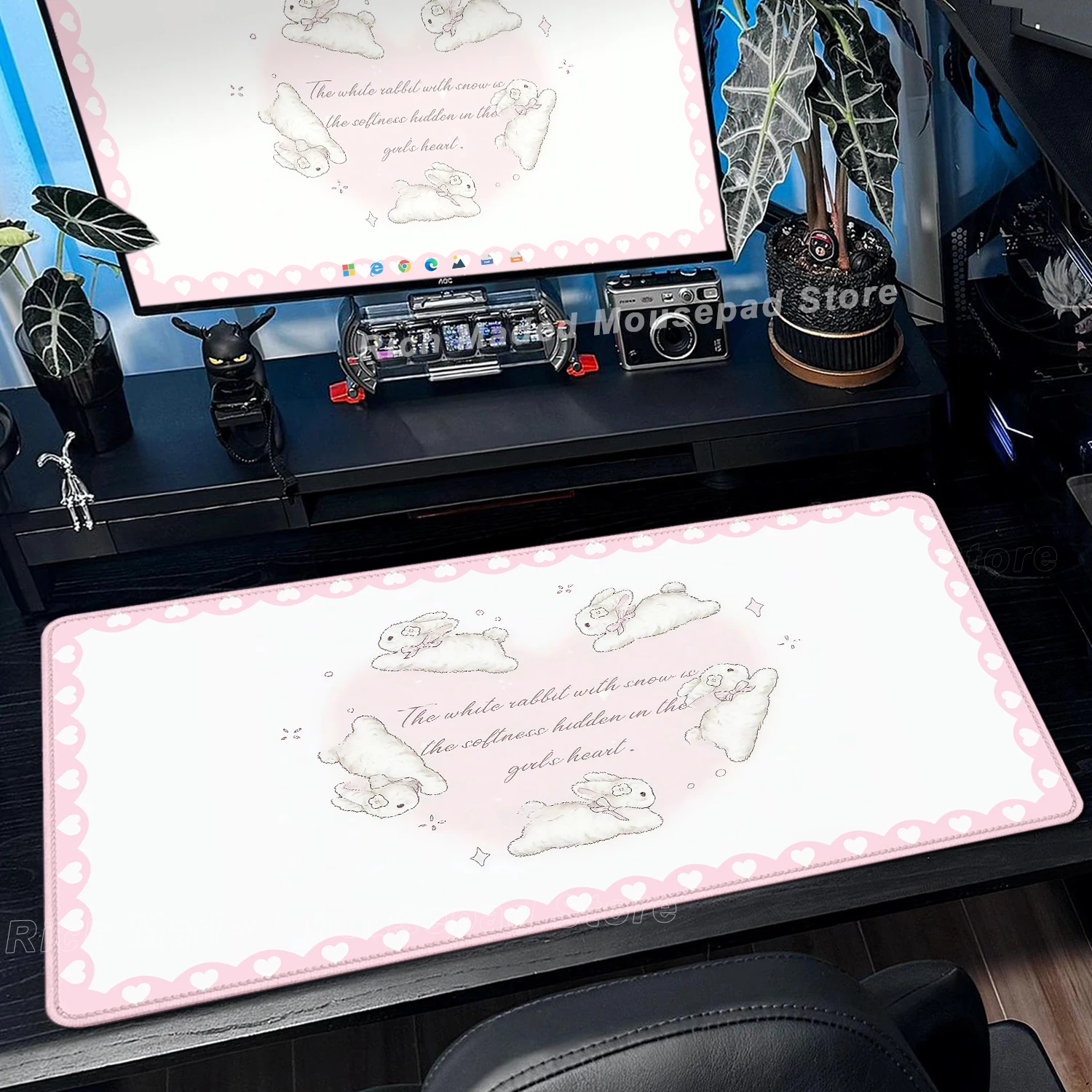 Pink Rabbit XXL Cute Love Gaming Mouse Pad - Non-Slip Soft Surface Desk Mat for Home and Office Decor