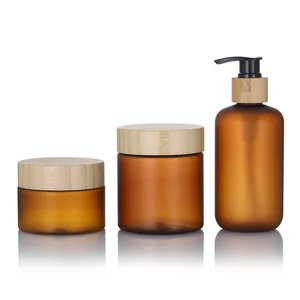 Empty Cosmetic Body Scrub Cream Container 5OZ 8OZ 10oz 50g Amber Frosted PET Plastic Jar With Bamboo Lid For Skin Care Cream