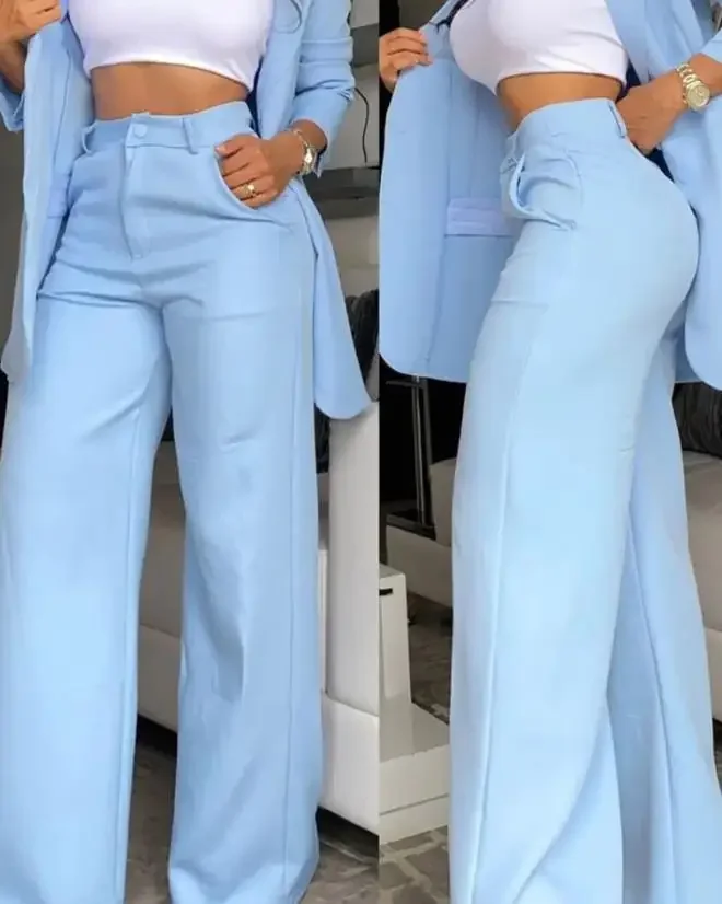 Two Piece Set Women Outfit 2024 Autumn Fashion Notched Collar Long Sleeve Blazer Coat & Elegant Pocket Design Work Pants Set