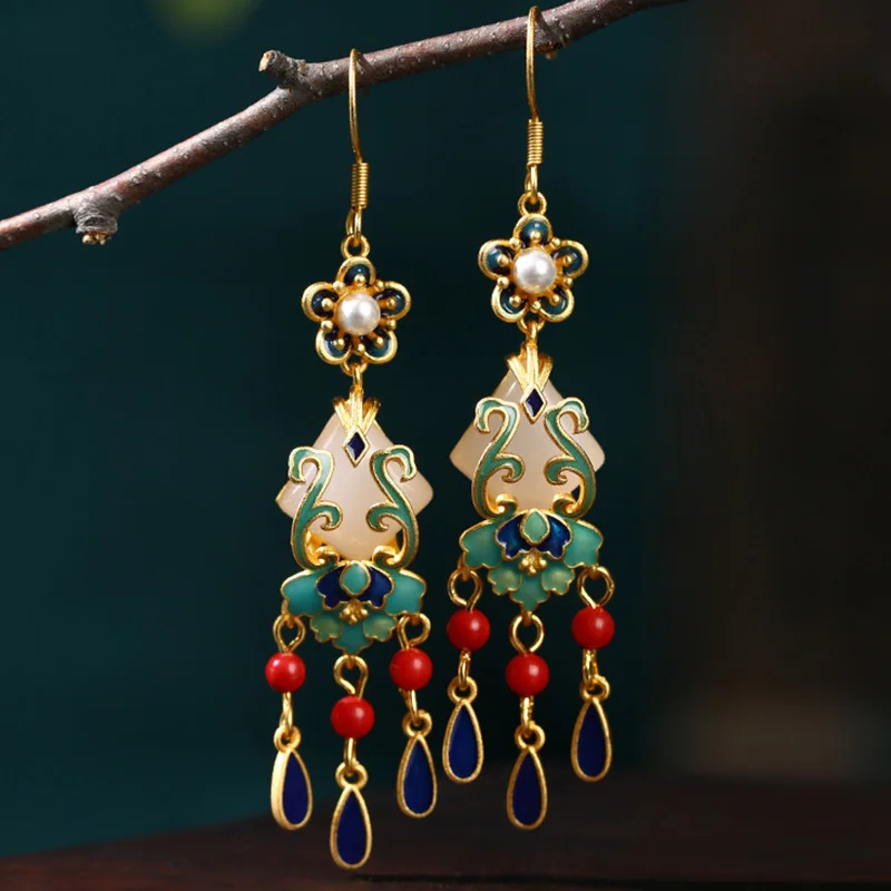 

Enamel Ethnic Chinese Vintage Dangle Drop Tassels Hook Earrings For Women Exquisite Niche Earring Jewelry