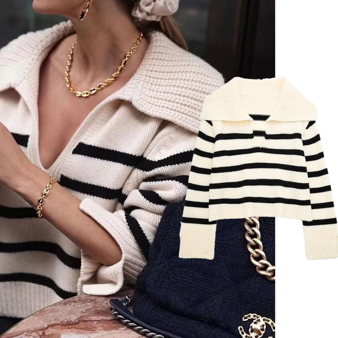 

Dave&Di Ins Fashion Blogger Retro Striped Sweaters Tops Turn Down Collar Loose Sweaters Women