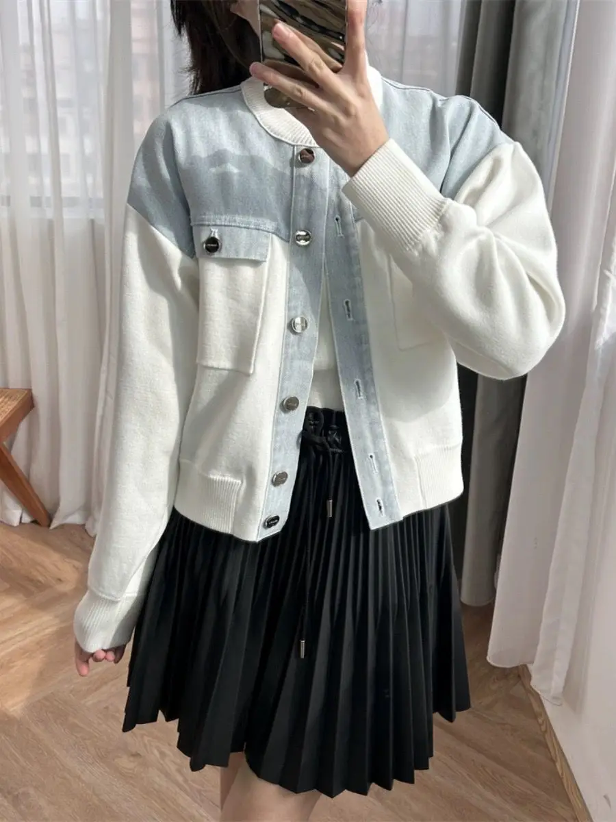 

Spring New 2024 Denim Splicing Women Long Sleeve Jacket Single Breasted Casual O-Neck Fashion Ladies Knitted Baseball Coat