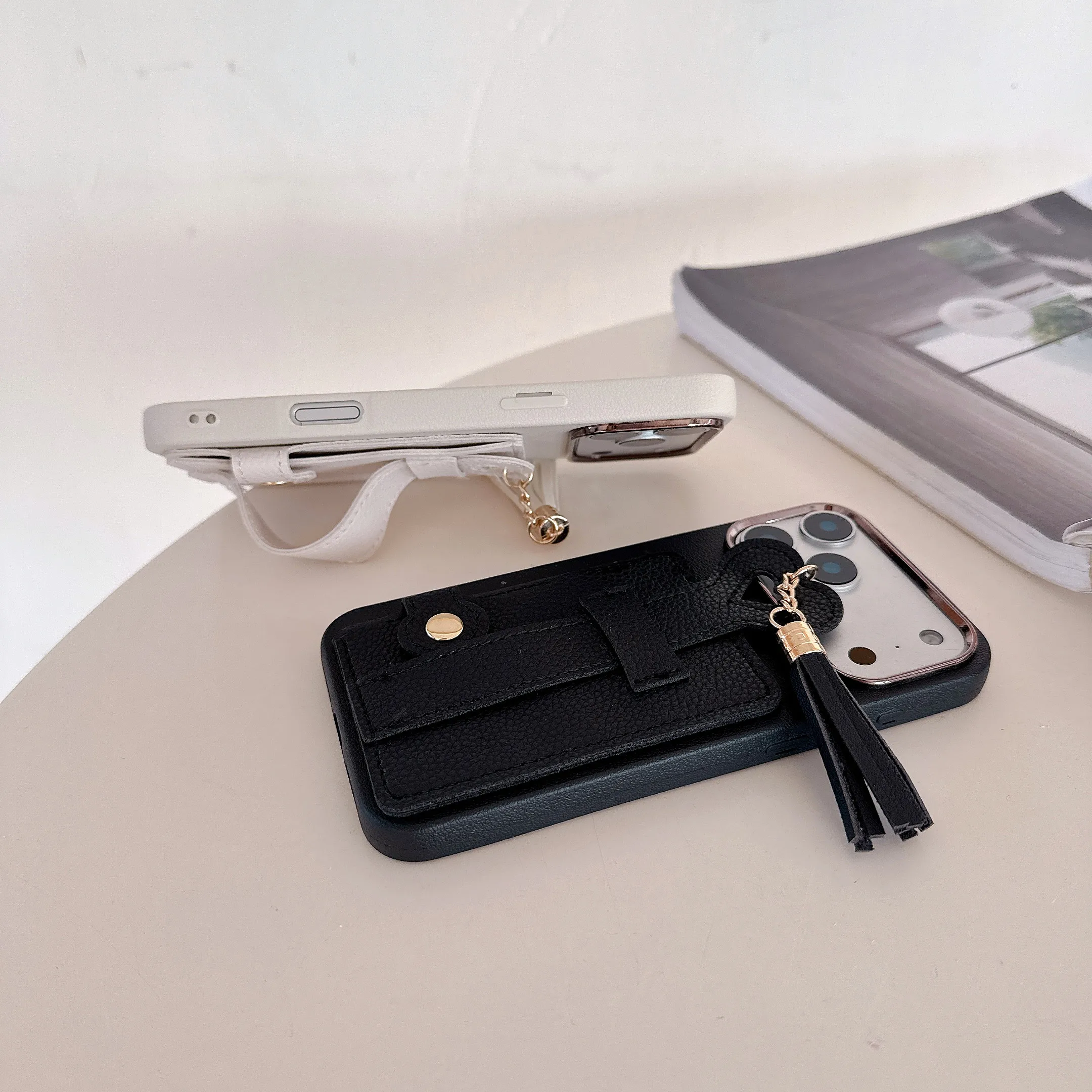 Luxury Leather Wrist Strap Phone Case Wallet with Card Holder and Bag Cover