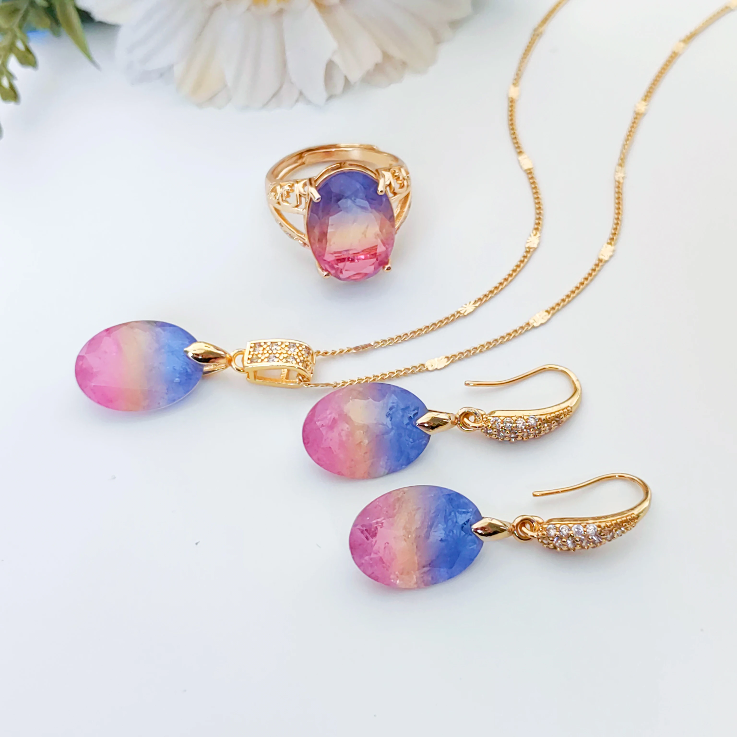 Rosa Gelb Blau Farbverlauf Kristall Fusion Stein Halskette Ohrringe Ringe Schmuckset Eleganter Damenschmuck – Detail 3