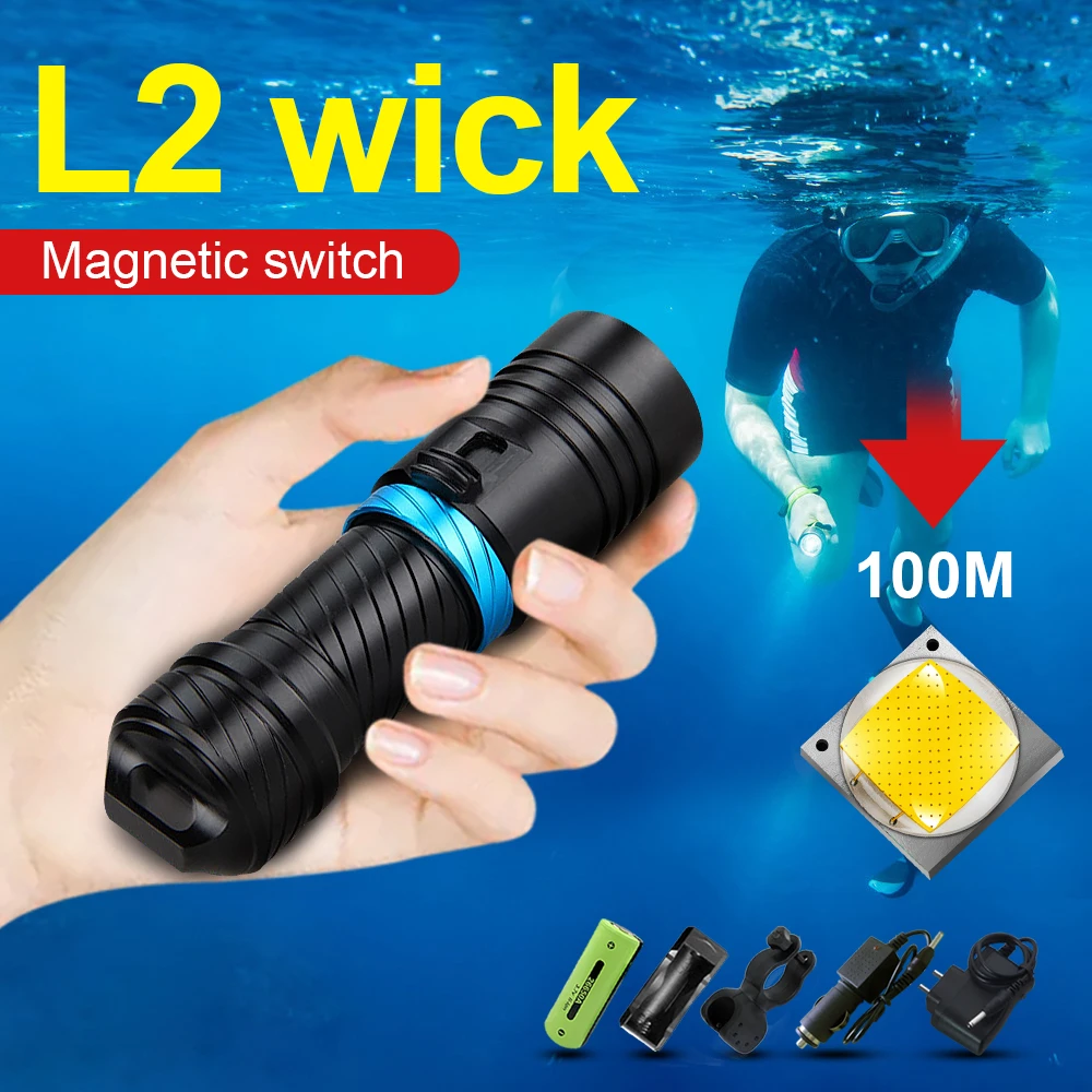 Professional Diving Torch IPX8 100M Diving Flashlight 18650 26650 Underwater Lamp Rechargeable