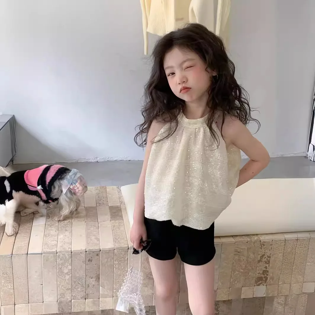 

2 шт., хлопковый комплект одежды для девочек, без рукавов, с блестками