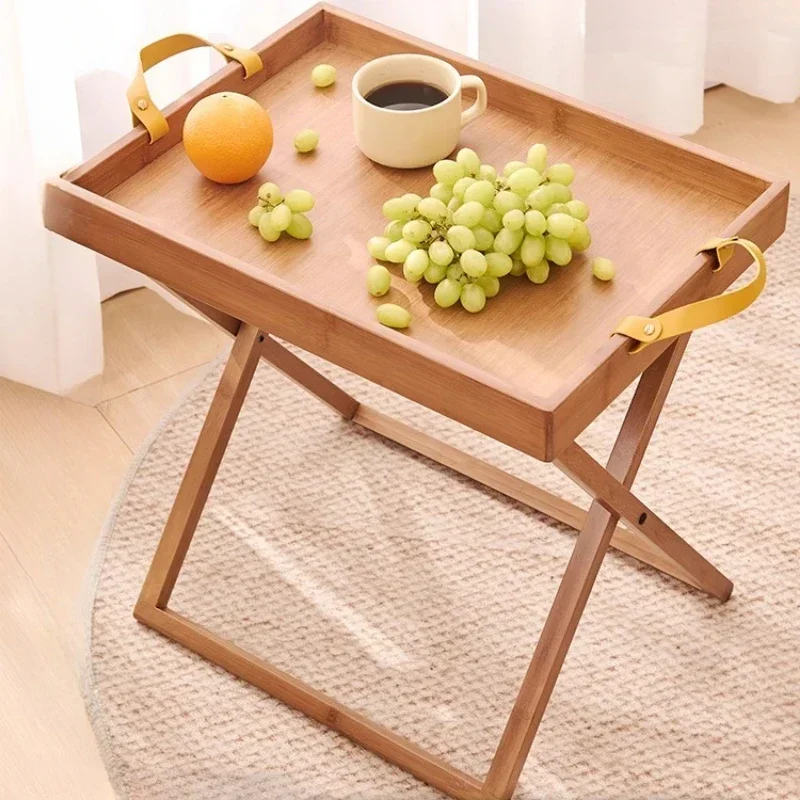 Minimalist Modern Bamboo Tray Side Table Balcony Sofa Multifunctional Foldable Mobile Coffee Table Portable Bedside Storage Rack