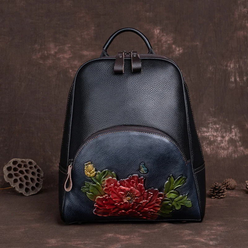 

2023 Embossing Genuine Leather Women Backpack Ladies Cowhide Travel Backpacks Luxury School Bags For Teenage Girls