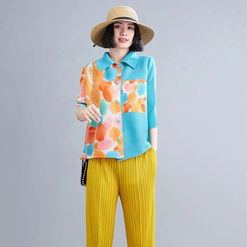 

Blouse Female 2023 Summer Design Feel Pleated Loose Printed Blouse Shirt Three Quarter Sleeve Cardigan Blouse Shirt Top Women