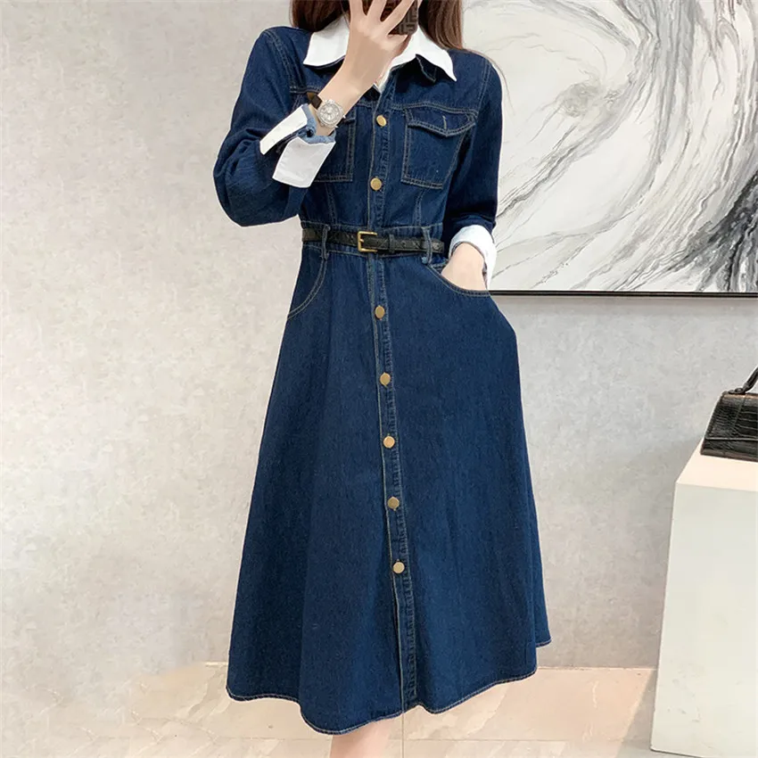 

Korean Fashion Vintage Denim Dresses Women Long Sleeve Casual Long Shirt Dress Patchwork Fake Two Piece Dress Vestidos