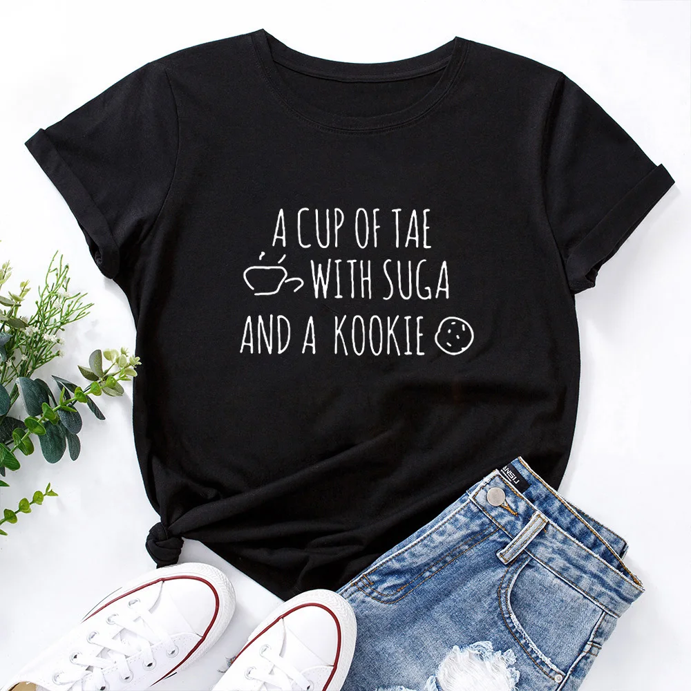 

A CUP OF TAE WITH SUGA tshirt cute women short sleeve graphic tee shirt