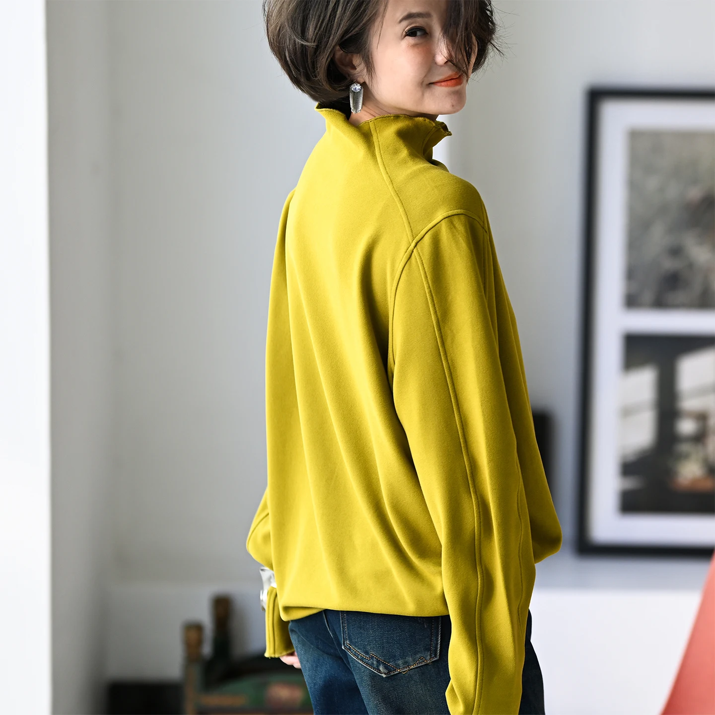 T55237 Artistic Versatile Stand-Up Collar Double Shoulder Line Slimming Frayed Edge Fleece-Lined Base T-Shirt for Women Autumn and Winter