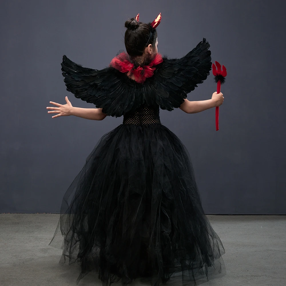 Girls Gothic Vampiress Costume Evil Queen Gown Tutu Dress for Halloween Cosplay Party Clothing Kids Fancy Dress Up Outfit cosplay costume