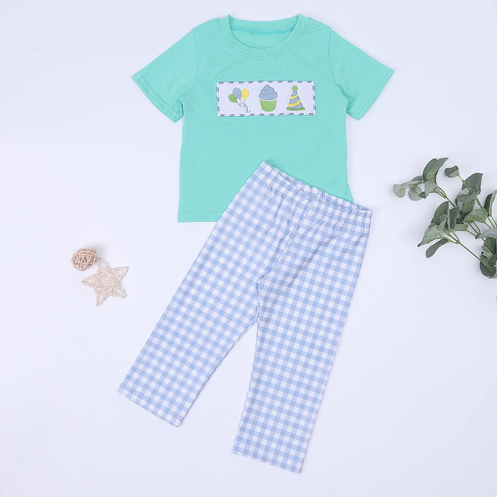 Toddler Mint Outfits Baby Boy Cotton Clothes Set Brithday Embroidery