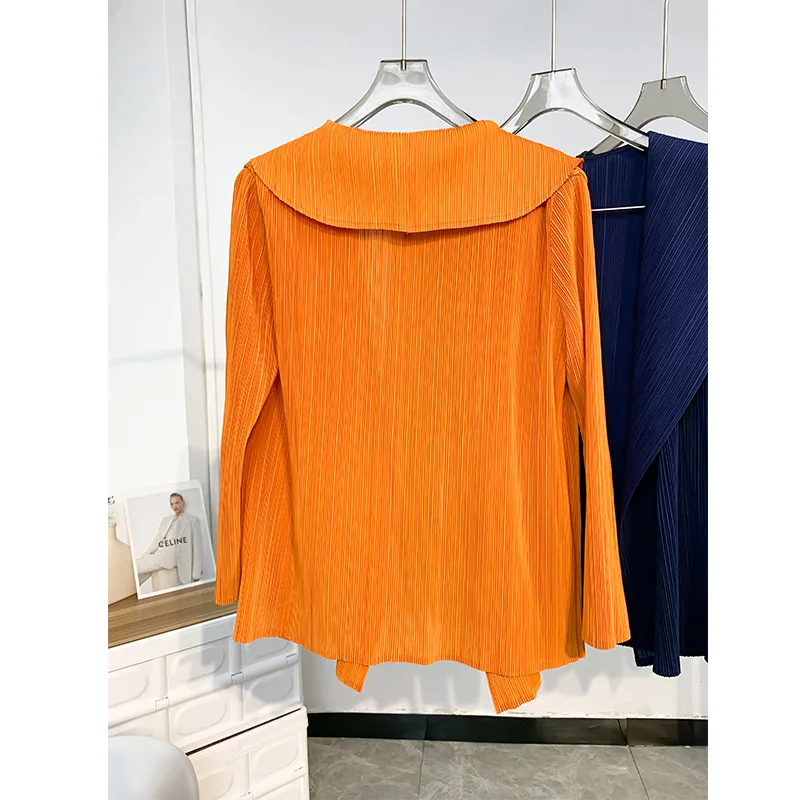Miyake Pleated Short Jacket 2025 Spring Summer Women's Casual Tops Flap Collar Loose Shopping Peplum Cardigan Tunic Tops