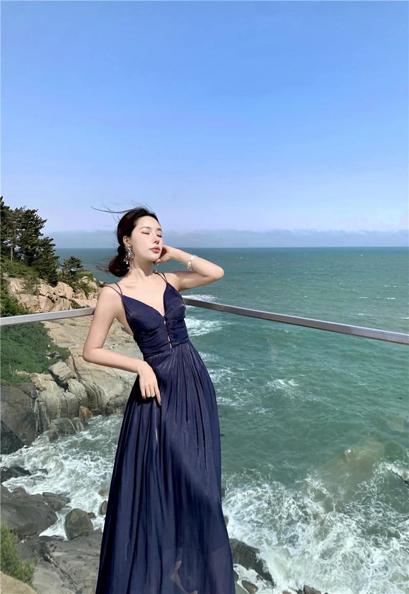 Summer New Spaghetti Strap Long Dresses for Women V-neck A-line Evening Party Dress Backless Prom Robe One Piece Vestido Mujer