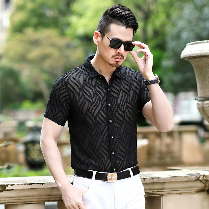 

High-End Luxury Striped Hollow Casual Short Sleeve Shirts For Men Summer New Quality Soft Comfortable Gentleman Camisa Masculina
