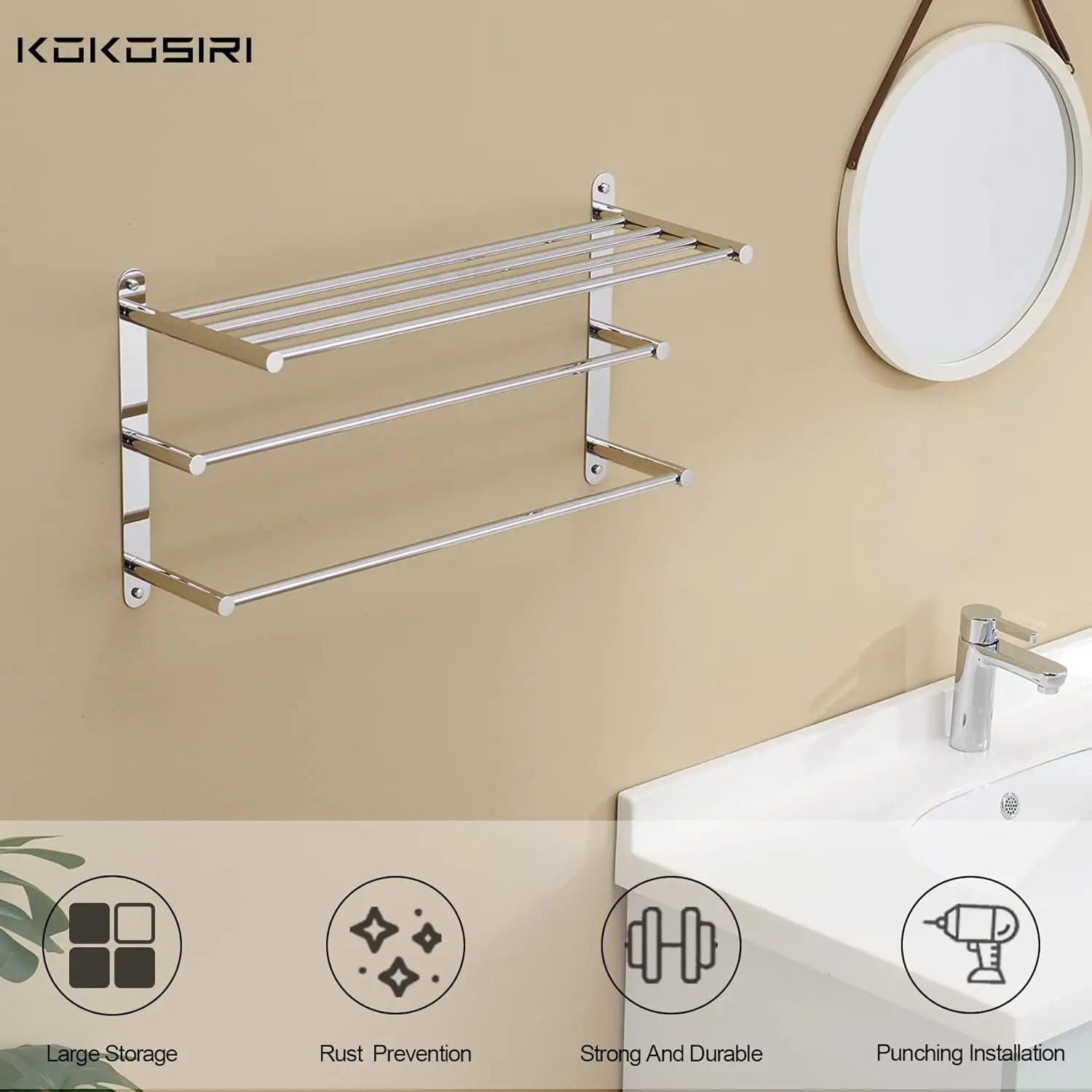 Storage Organizer Shelf Wall Mounted Double Towel bar with Shelf Bathroom Towel Rack Double Rack, Polished Chrome, B5003CH