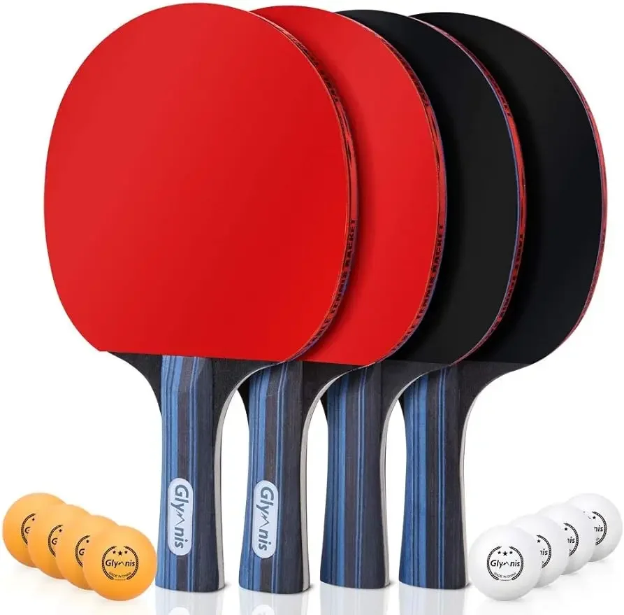

Glymnis Ping Pong Paddles Set of 4 Table Tennis Rackets with 8 Balls, Storage Case for Indoor Outdoor Table Tennis Paddle Game A