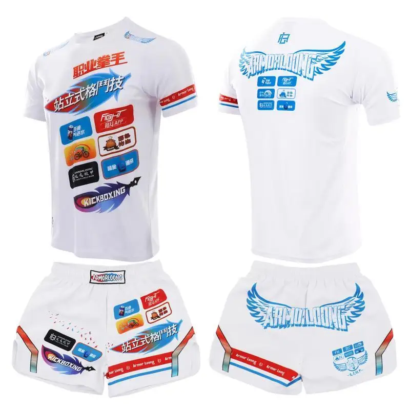 

Muay Thai Shorts MMA Rashguard Set Boxing Training T Shirt Kickboxing Fight Shorts White Quick Dry Martial Arts Combat Clothing