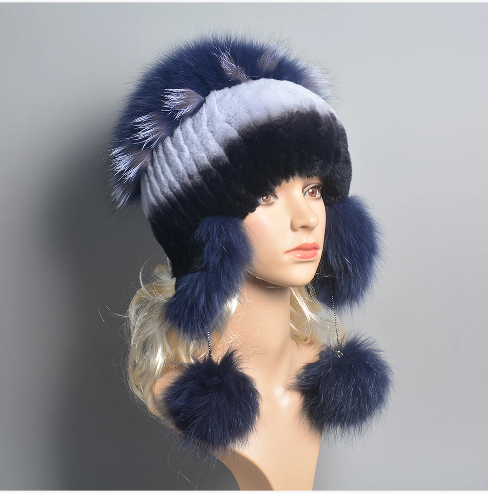 

Winter Hast for Women Real Rex Rabbit Fur Elastic Knitted Cap with Fox Fur Fall Bonnets Women's Beanies Hat with Ear Protector
