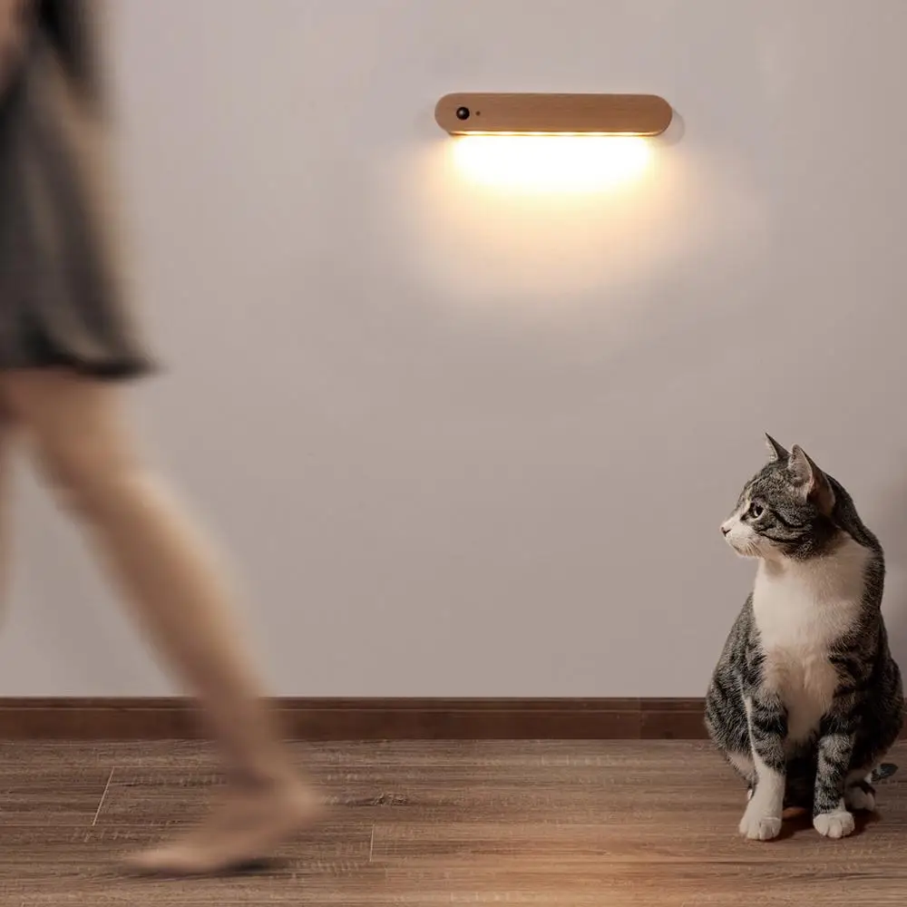 나무 LED 센서 야간 조명, 무선 마그네틱 키홀더 걸이식 램프, USB 충전식 야간 램프, 캐비닛 문짝 벽 램프
