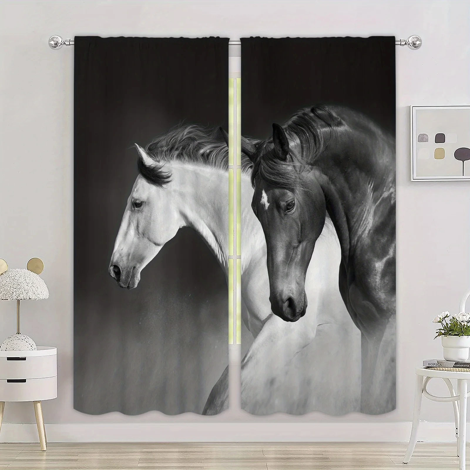 

2pcs 3D Animal Horse Black and White Printed Curtains - for Noise Reduction and Privacy in Teenager's Bedroom and Living Room
